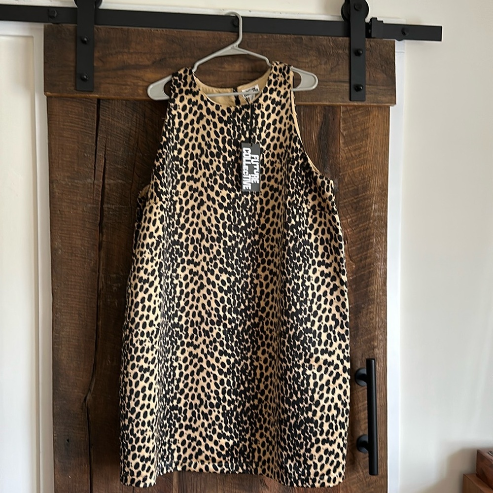 The Future Collective leopard print satin mini dress with pearl button